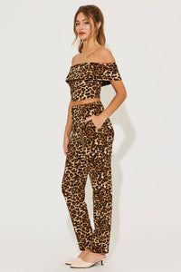 WOMEN'S OFF SHOULDER TOP & BUTTON CLOSURE SKINNY PANTS ANIMAL PRINT 2PC. SET