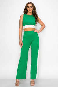 *******WOMEN'S SLEEVELESS CROP TOP & ELASTIC WAIST WIDE LEG PANTS COLORBLOCK 2PC. SET