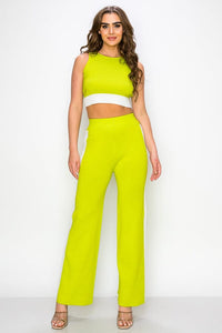 *******WOMEN'S SLEEVELESS CROP TOP & ELASTIC WAIST WIDE LEG PANTS COLORBLOCK 2PC. SET