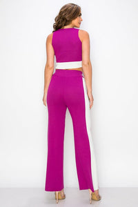 WOMEN'S SLEEVELESS CROP TOP & ELASTIC WAIST WIDE LEG PANTS COLORBLOCK 2PC. SET
