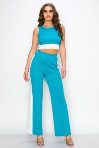 *******WOMEN'S SLEEVELESS CROP TOP & ELASTIC WAIST WIDE LEG PANTS COLORBLOCK 2PC. SET