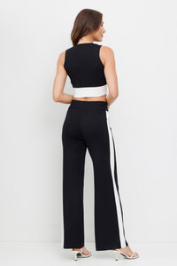 WOMEN'S SLEEVELESS CROP TOP & ELASTIC WAIST WIDE LEG PANTS COLORBLOCK 2PC. SET