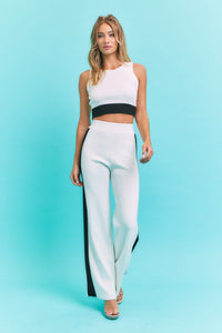 WOMEN'S SLEEVELESS CROP TOP & ELASTIC WAIST WIDE LEG PANTS COLORBLOCK 2PC. SET