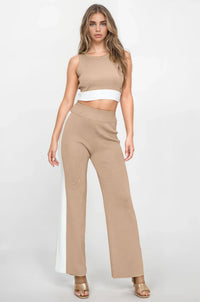 WOMEN'S SLEEVELESS CROP TOP & ELASTIC WAIST WIDE LEG PANTS COLORBLOCK 2PC. SET