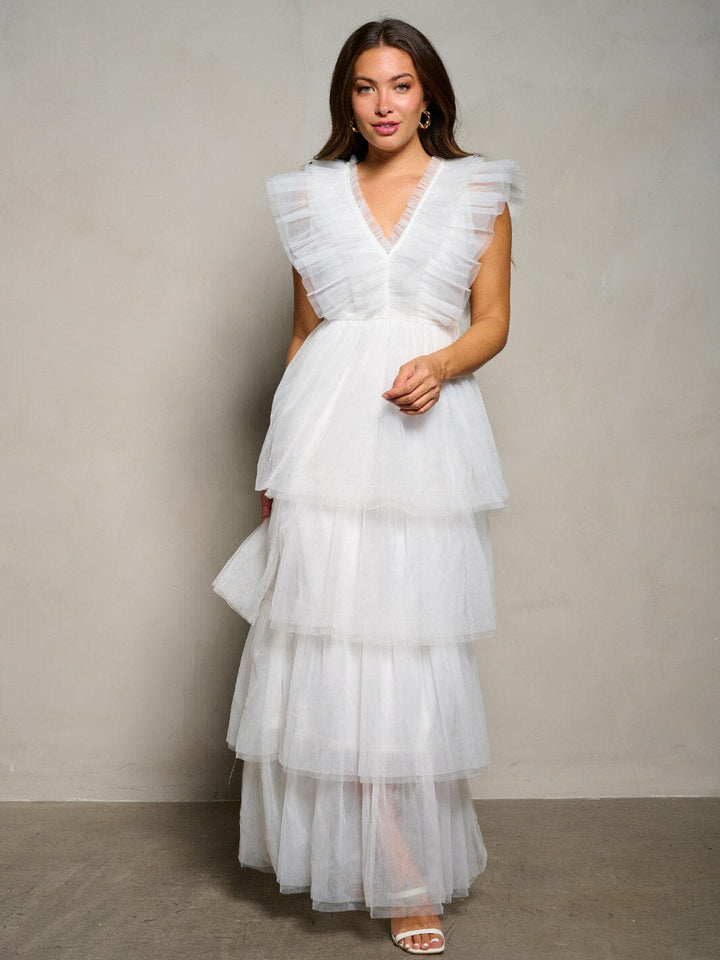 WOMEN'S SLEEVELESS V-NECK RUFFLE TIERED MAXI DRESS