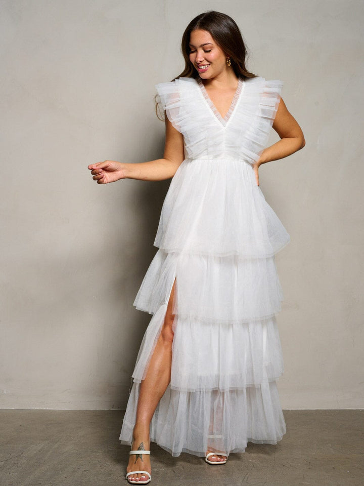 WOMEN'S SLEEVELESS V-NECK RUFFLE TIERED MAXI DRESS