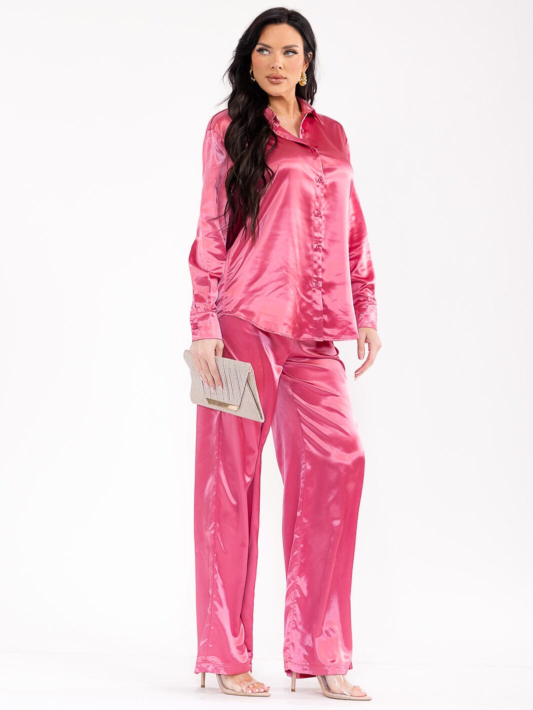 WOMEN'S LONG SLEEVE BLOUSE & ELASTIC WAIST PANTS SATIN 2PC. SET