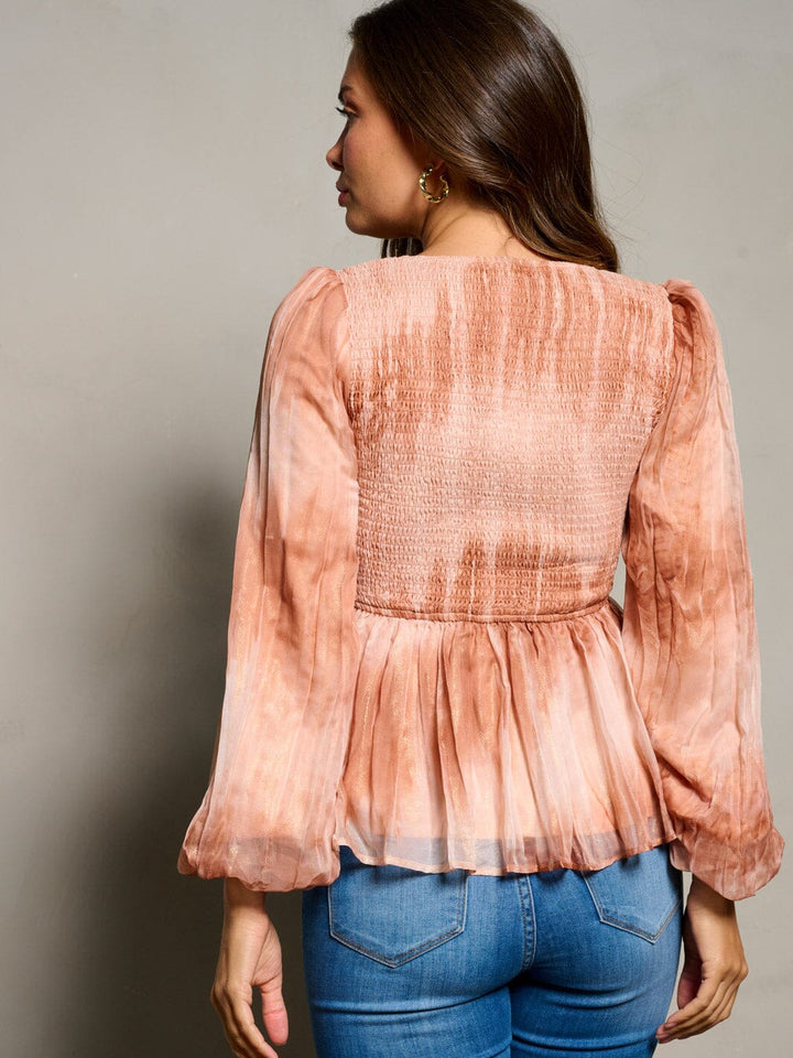 WOMEN'S LONG PUFF SLEEVE SQUARE NECK SMOCK TIE DYE BLOUSE TOP