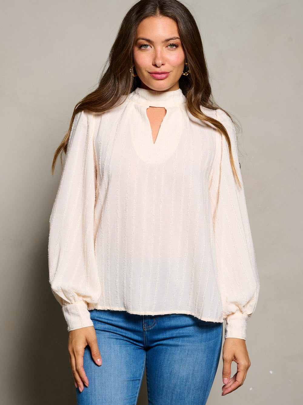 WOMEN'S LONG PUFF SLEEVE V-NECK SHIMMER BLOUSE TOP