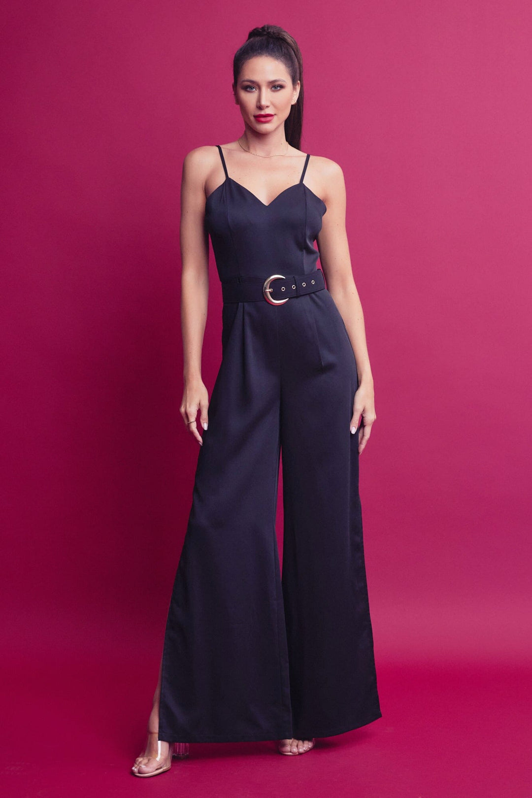 WOMEN'S SLEEVELESS V-NECK BELTED SKINNY WIDE LEG JUMPSUIT