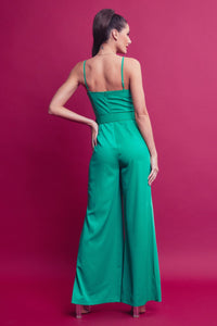 WOMEN'S SLEEVELESS V-NECK BELTED SKINNY WIDE LEG JUMPSUIT
