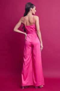 WOMEN'S SLEEVELESS V-NECK BELTED SKINNY WIDE LEG JUMPSUIT
