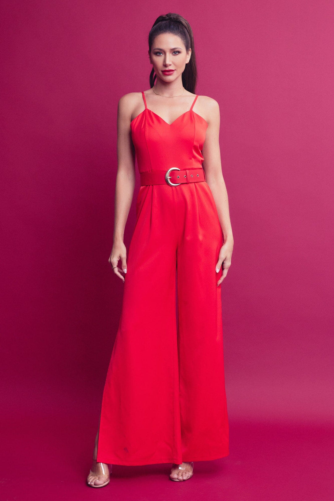 WOMEN'S SLEEVELESS V-NECK BELTED SKINNY WIDE LEG JUMPSUIT