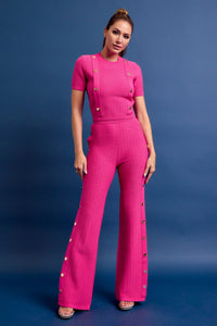 WOMEN'S SHORT SLEEVE BLOUSE & ELASTIC WAIST WIDE LEG PANTS RIBBED 2PC. SET