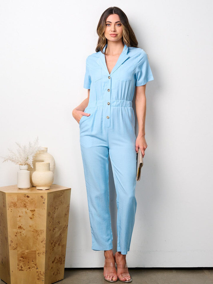 WOMEN'S SHORT SLEEVES BUTTON UP POCKETS JUMPSUIT