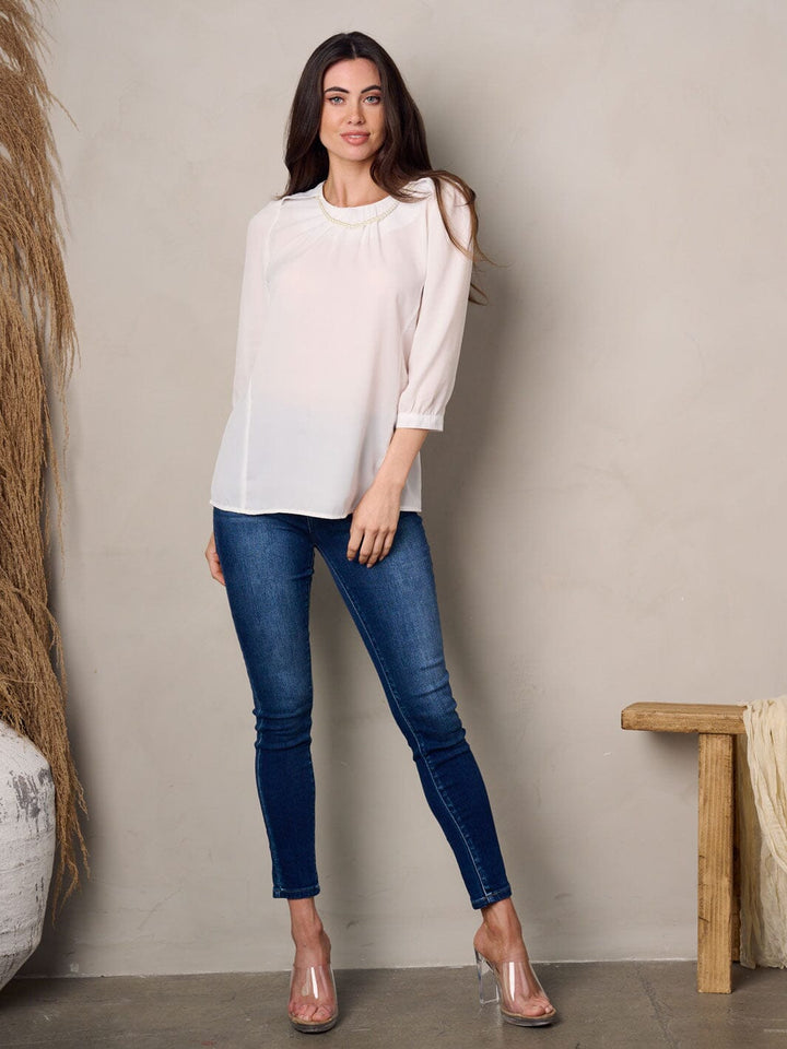 WOMEN'S 3/4 SLEEVE PEARL DETAILED TUNIC TOP