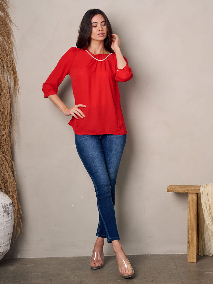 WOMEN'S 3/4 SLEEVE PEARL DETAILED TUNIC TOP