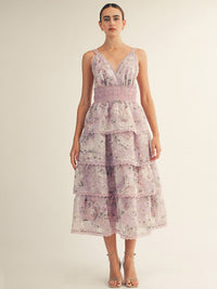 JUST ME WOMEN'S SLEEVELESS V-NECK SURPLICE FLORAL CROCHET TIERED MAXI DRESS