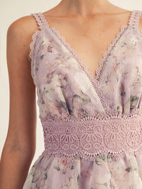 JUST ME WOMEN'S SLEEVELESS V-NECK SURPLICE FLORAL CROCHET TIERED MAXI DRESS