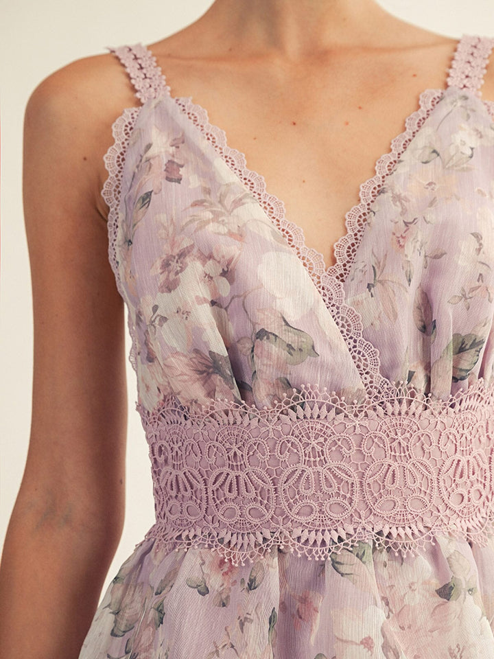 JUST ME WOMEN'S SLEEVELESS V-NECK SURPLICE FLORAL CROCHET TIERED MAXI DRESS