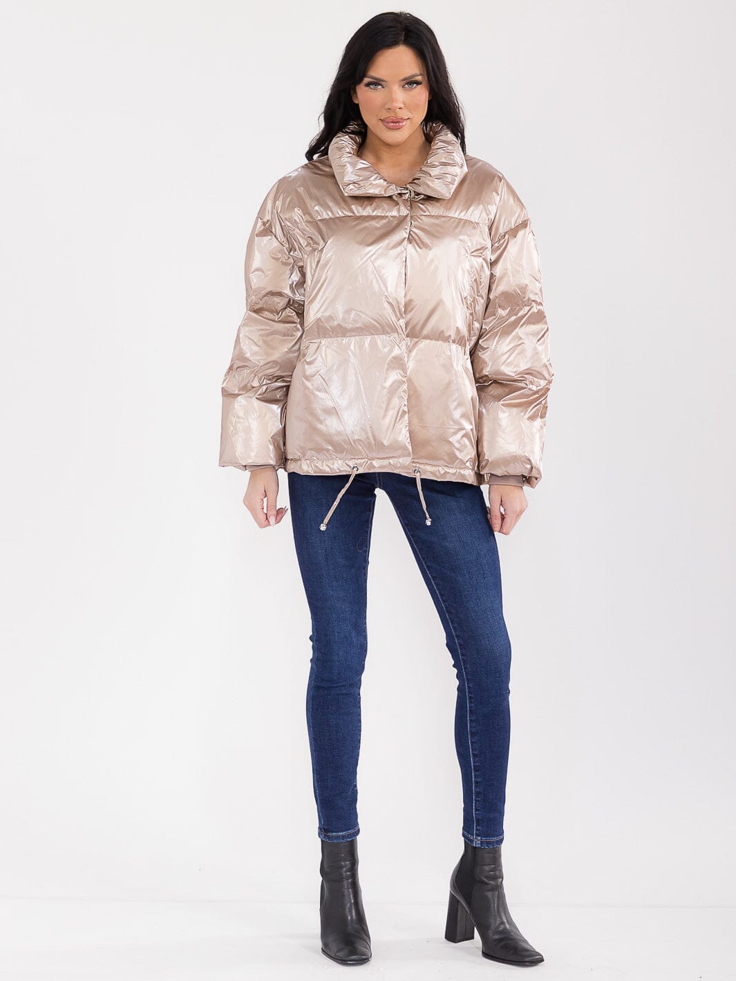 WOMEN'S LONG SLEEVE BUTTON UP POCKETS METALLIC JACKET