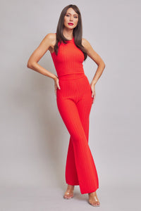 WOMEN'S SLEEVELESS TANK TOP & ELASTIC WAIST WIDE LEG PANTS RIBBED 2PC. SET