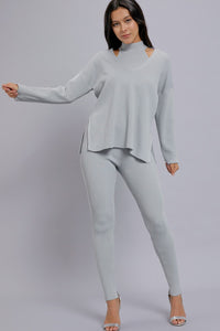 WOMEN'S LONG SLEEVE SWEATER WITH HALTER NECK TANK TOP & ELASTIC WAIST SKINNY LEG PANTS RIBBED 3PC. SET