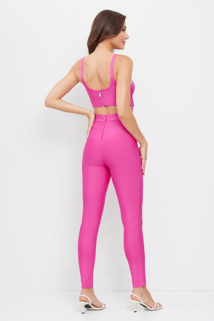 WOMEN'S SLEEVELESS BRALETTE TOP & ZIP UP SKINNY LEG PANTS BANDAGE 2PC. SET