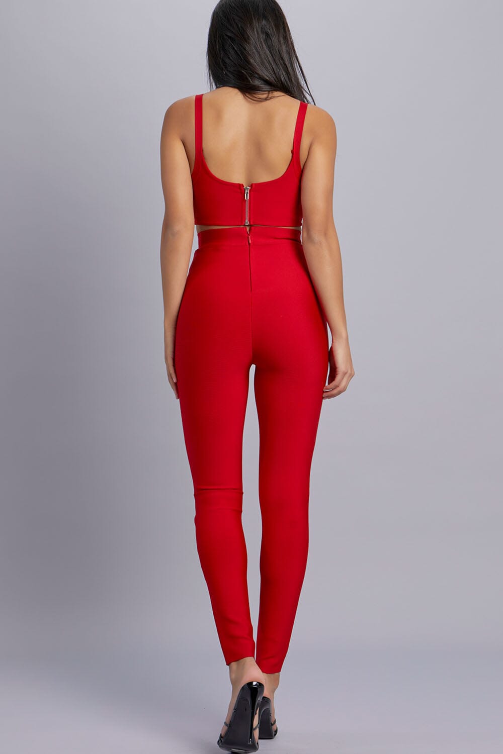 WOMEN'S SLEEVELESS BRALETTE TOP & ZIP UP SKINNY LEG PANTS BANDAGE 2PC. SET