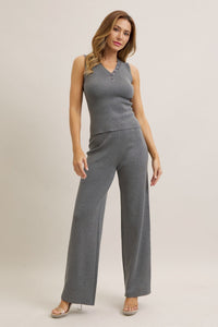 WOMEN'S SLEEVELESS TANK TOP & ELASTIC WAIST WIDE LEG PANTS RIBBED 2PC. SET