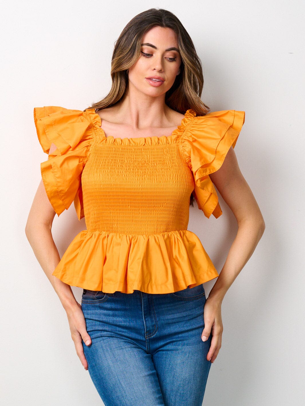 WOMEN'S SHORT RUFFLE SLEEVE SMOCK PEPLUM BLOUSE TOP