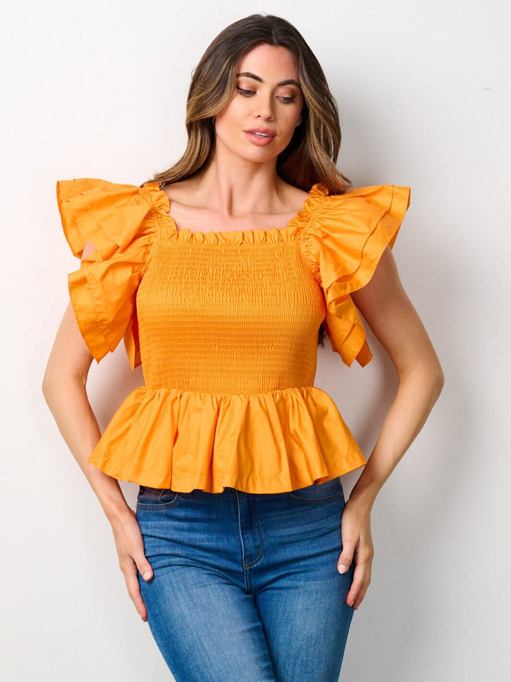 WOMEN'S SHORT RUFFLE SLEEVE SMOCK PEPLUM BLOUSE TOP