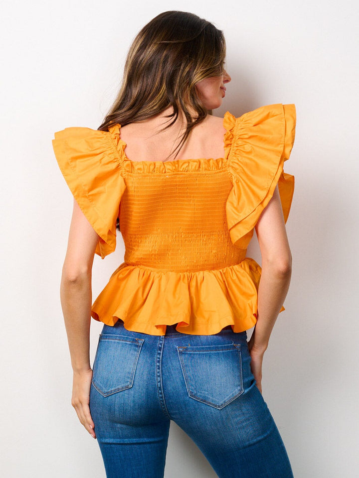 WOMEN'S SHORT RUFFLE SLEEVE SMOCK PEPLUM BLOUSE TOP