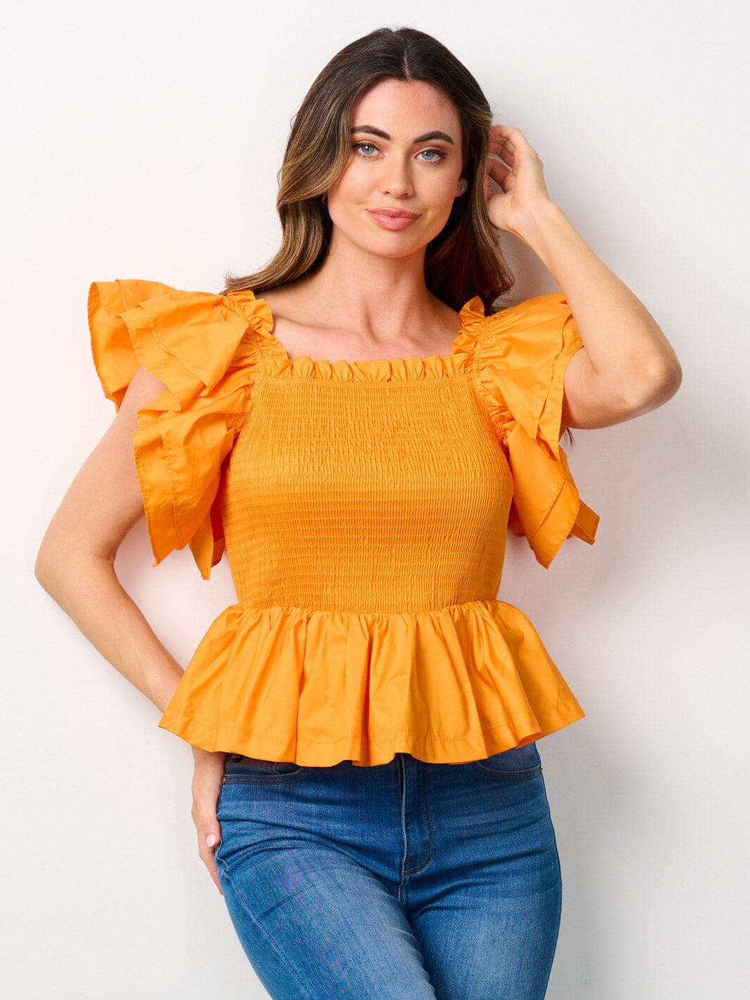WOMEN'S SHORT RUFFLE SLEEVE SMOCK PEPLUM BLOUSE TOP