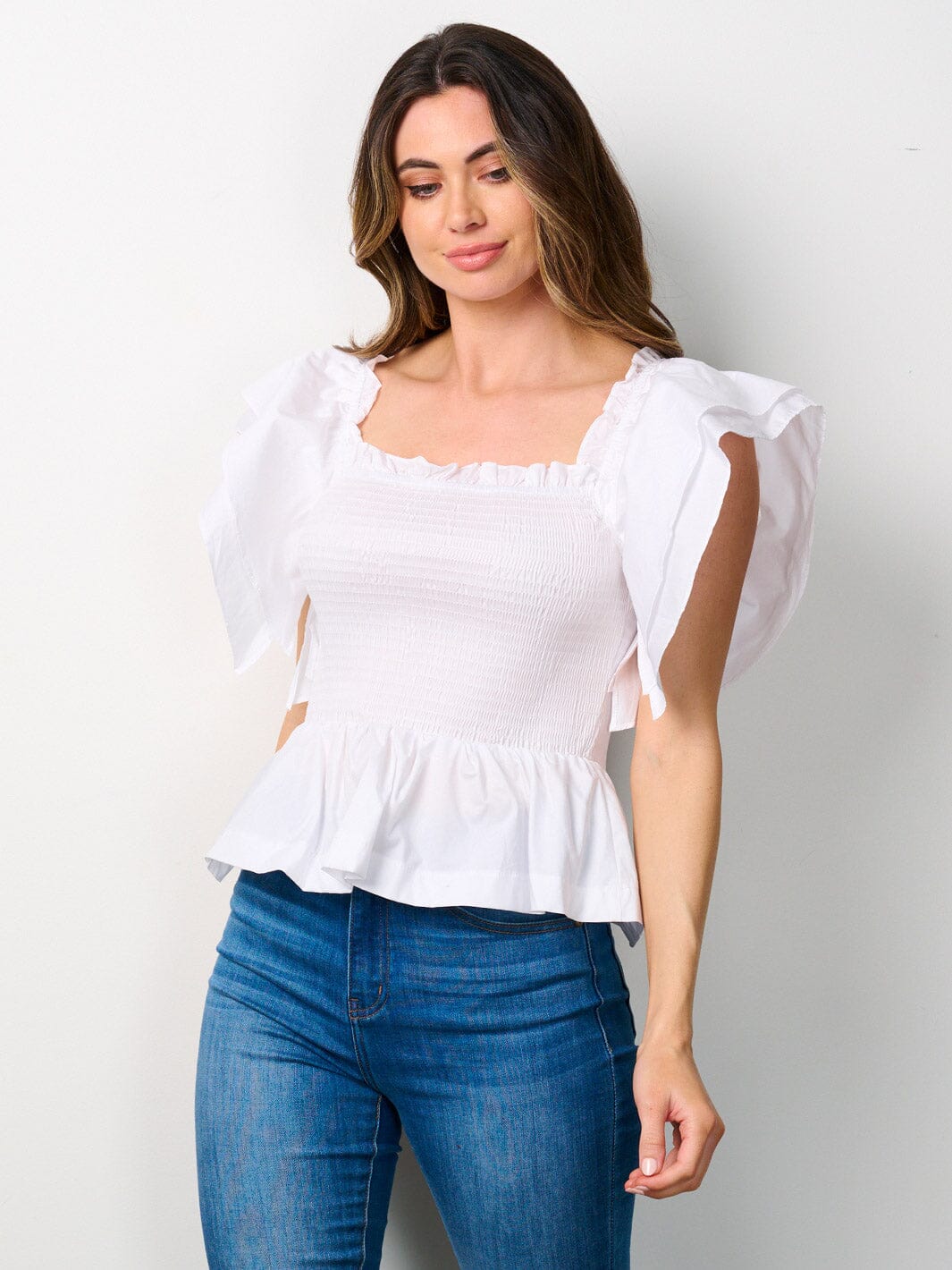 WOMEN'S SHORT RUFFLE SLEEVE SMOCK PEPLUM BLOUSE TOP