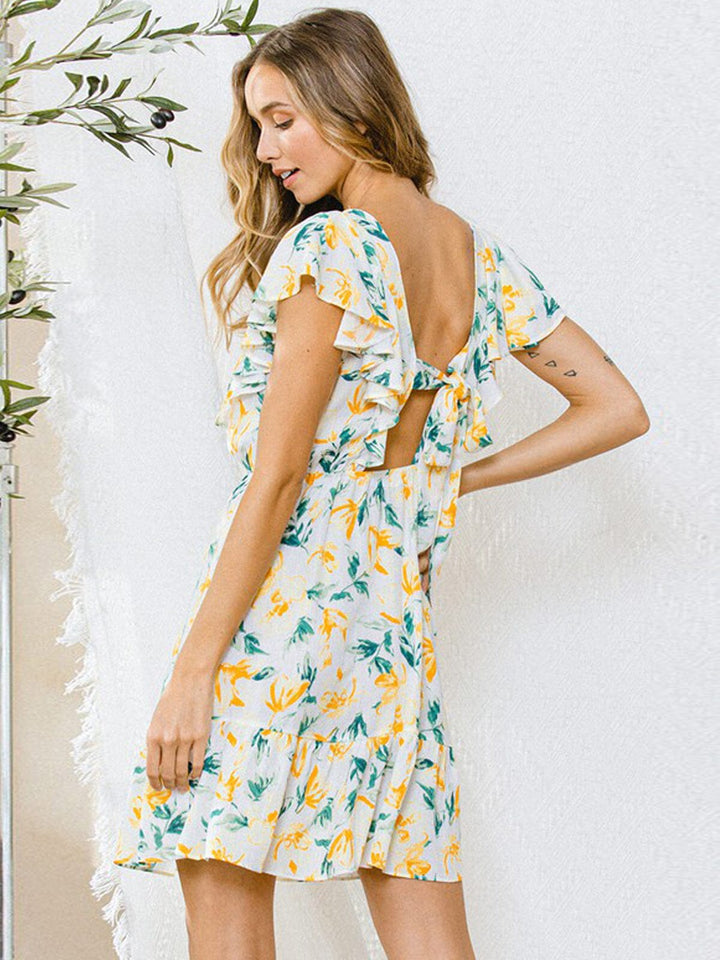 WOMEN'S RUFFLE BACK TIE FLORAL MINI DRESS