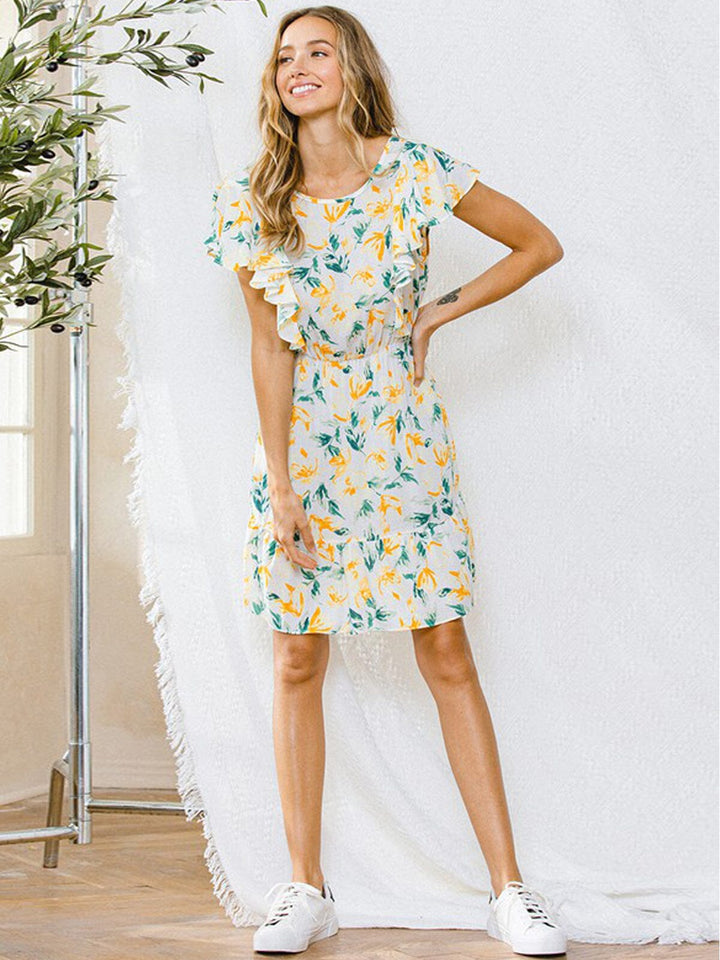 WOMEN'S RUFFLE BACK TIE FLORAL MINI DRESS