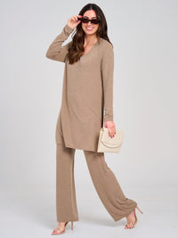 WOMEN'S LONG SLEEVE TOP & ELASTIC WAIST PANTS SOLID 2PC. SET