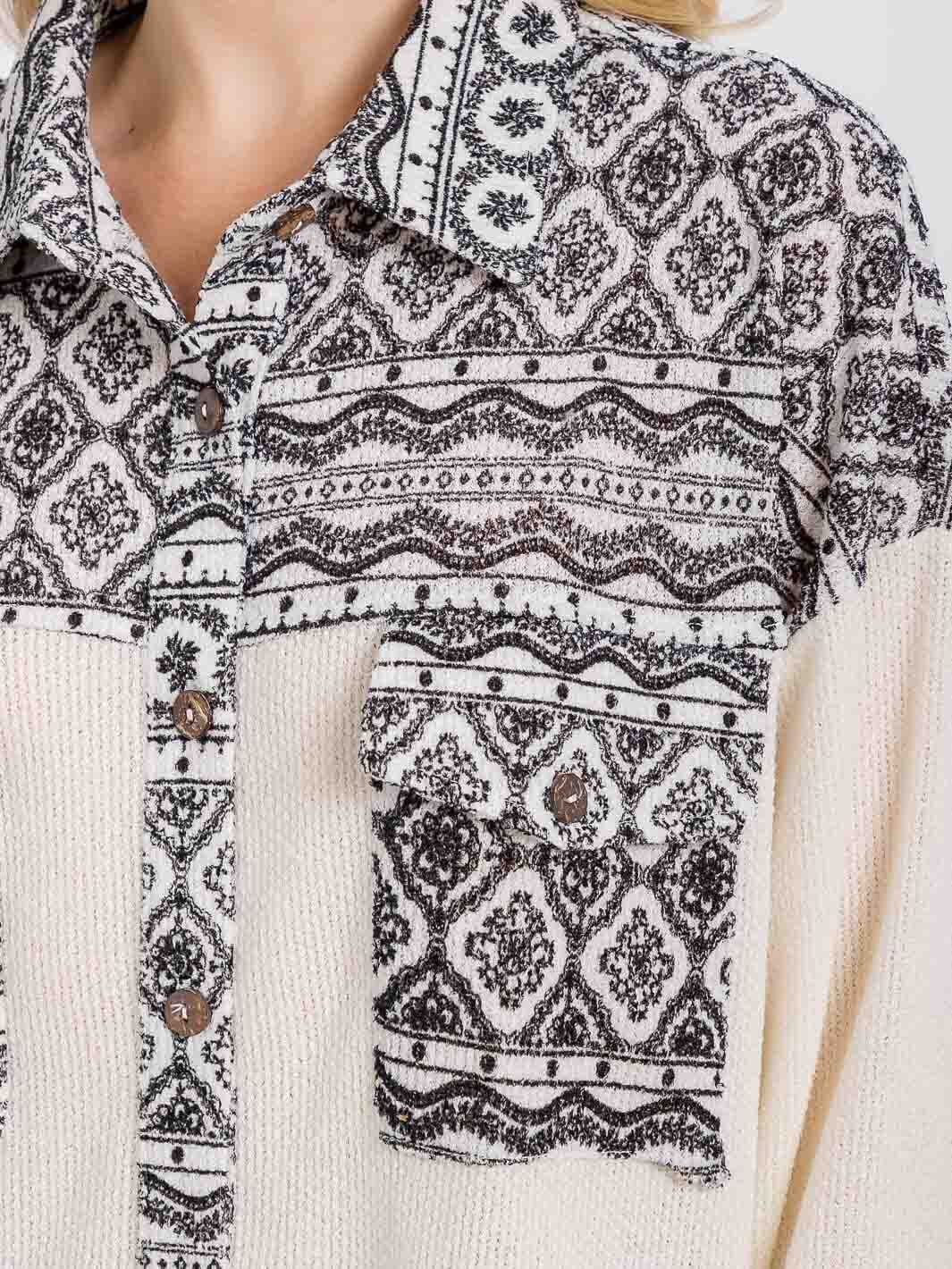 WOMEN'S LONG SLEEVE FRONT POCKET BUTTON CLOSURE MULTI PRINT TOP