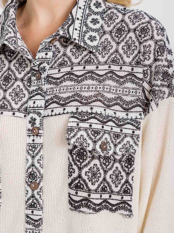 WOMEN'S LONG SLEEVE FRONT POCKET BUTTON CLOSURE MULTI PRINT TOP