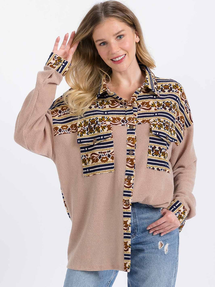 WOMEN'S LONG SLEEVE FRONT POCKET BUTTON CLOSURE MULTI PRINT TOP