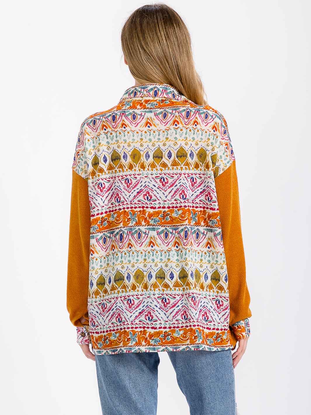 WOMEN'S LONG SLEEVE FRONT POCKET BUTTON CLOSURE MULTI PRINT TOP