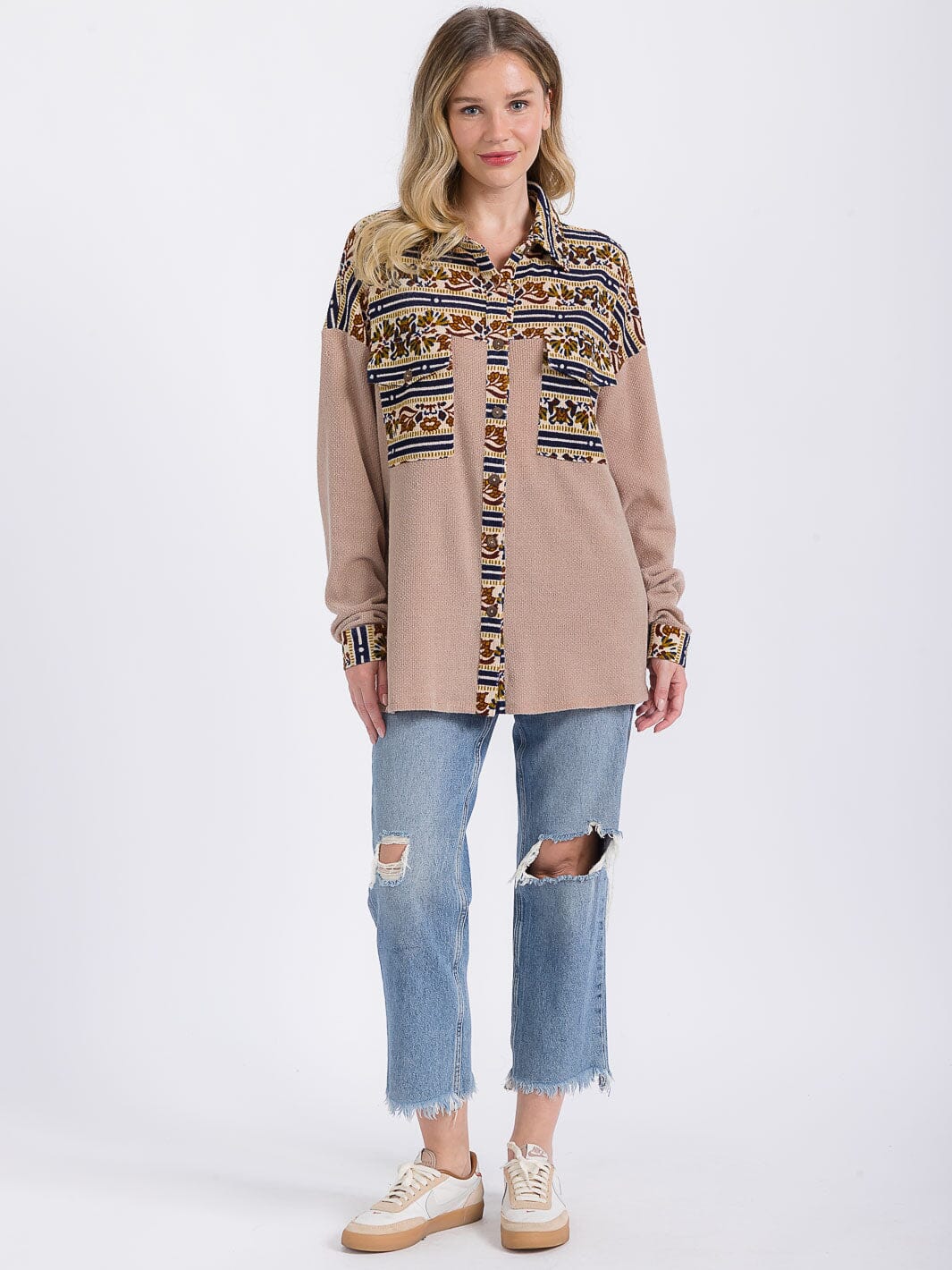 WOMEN'S LONG SLEEVE FRONT POCKET BUTTON CLOSURE MULTI PRINT TOP