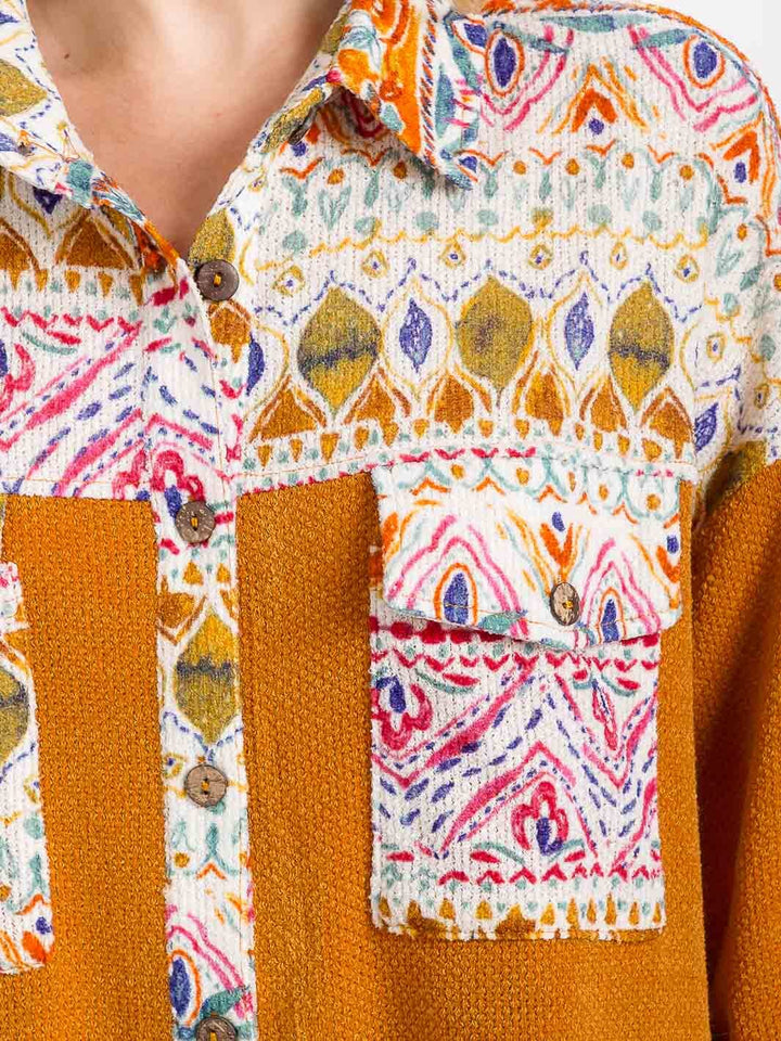 WOMEN'S LONG SLEEVE FRONT POCKET BUTTON CLOSURE MULTI PRINT TOP