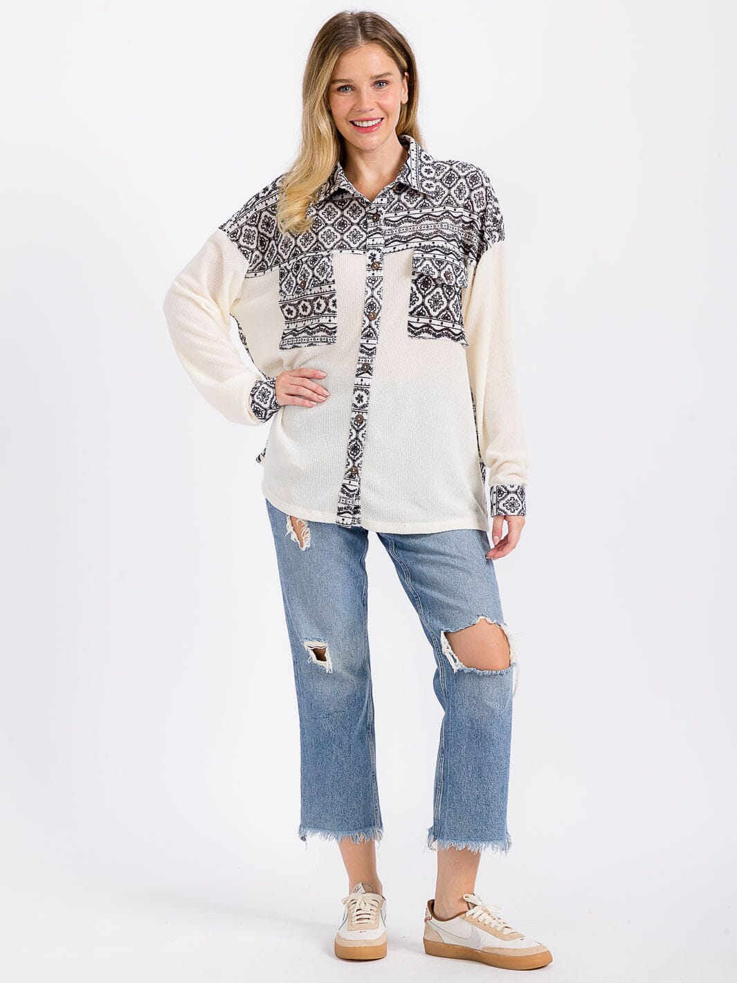 WOMEN'S LONG SLEEVE FRONT POCKET BUTTON CLOSURE MULTI PRINT TOP