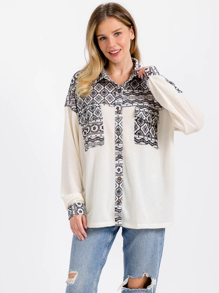 WOMEN'S LONG SLEEVE FRONT POCKET BUTTON CLOSURE MULTI PRINT TOP