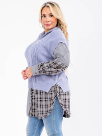 PLUS SIZE LONG SLEEVE ZIP UP PLAID CONTRAST PULLOVER SWEATER
