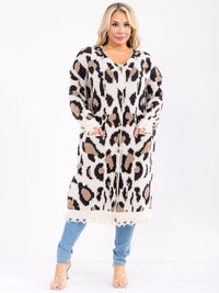 PLUS SIZE LONG SLEEVE OPEN FRONT POCKETS ANIMAL PRINT CARDIGAN