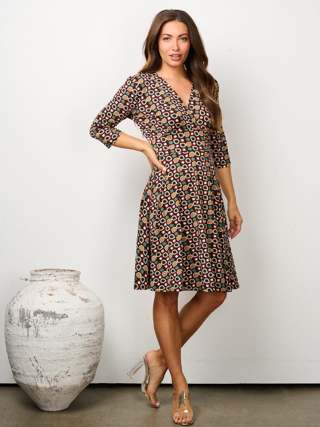 WOMEN'S 3/4 SLEEVE V-NECK POCKETS MULTI PRINT MINI DRESS