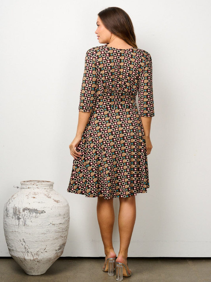 WOMEN'S 3/4 SLEEVE V-NECK POCKETS MULTI PRINT MINI DRESS